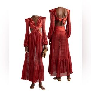 PATBO - CUTOUT SATIN-JERSEY AND CROCHET-KNIT MAXI DRESS - RED